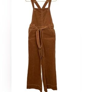Chelsea & Violet XS Brown Micro Corduroy Belted Waist Tie Wide Leg Bib Overalls